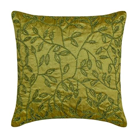 Green Silk Decorative Pillow Cover with Leaf Design Cover