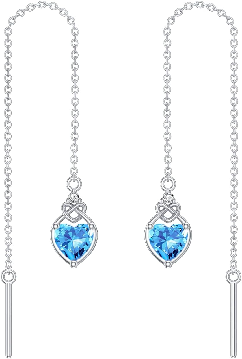 Celtic Knot Heart Threader Earrings Long Chain Celtic Knot Drop Earrings 925 Sterling Silver 12 Birthstone Jewelry Gifts for Women (Gift Box)