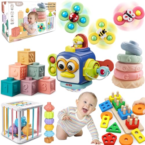 ELLECK Baby Toys 6-12 Months, Montessori Toys for Toddlers 1-3 Year Old, Busy Cube Teether Infants Bath 6 in 1 Stacking Blocks Rings, Suction Cup Spinner, Shape Bin Sensory (0035)