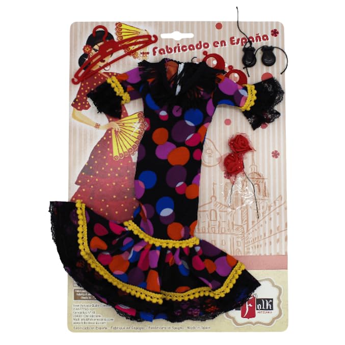 FOLK Vestido muñeca Flamenca andaluza Artesanía Original muñecas 35 cm., colección Flamenco Vestido Lunares edición Limitada. (Negro Lunar Rojo)
