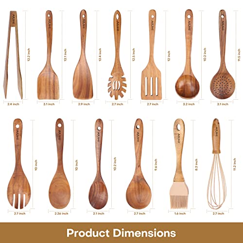 13 Pcs Wooden Utensils Teak Wood Kitchen Wooden Spoons For Cooking,Spatula Set With Wooden Spoon Rest,Tong,Whisk #TOP1