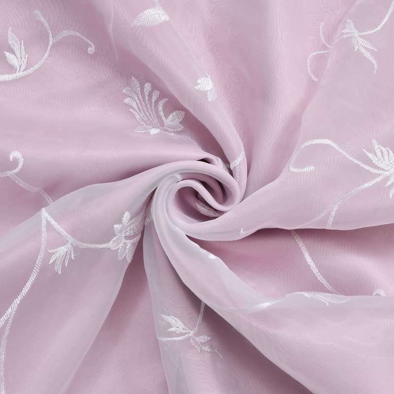 Image of 2 in 1 Embroidery Transparent Polyester Door Curtain with 80% Blackout Set of 2 Pieces(6 Feet, White Embroidery+Pink Blackout)