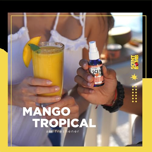 Image of Scent Bomb Air Freshener Spray, Long-Lasting Odor Eliminator - Effective Deodorizer for Home & Car, Fresh Room Spray for Kitchen, Bathroom & Smell Neutralizer - 1 oz Pack of 4, Mango Tropical Scent