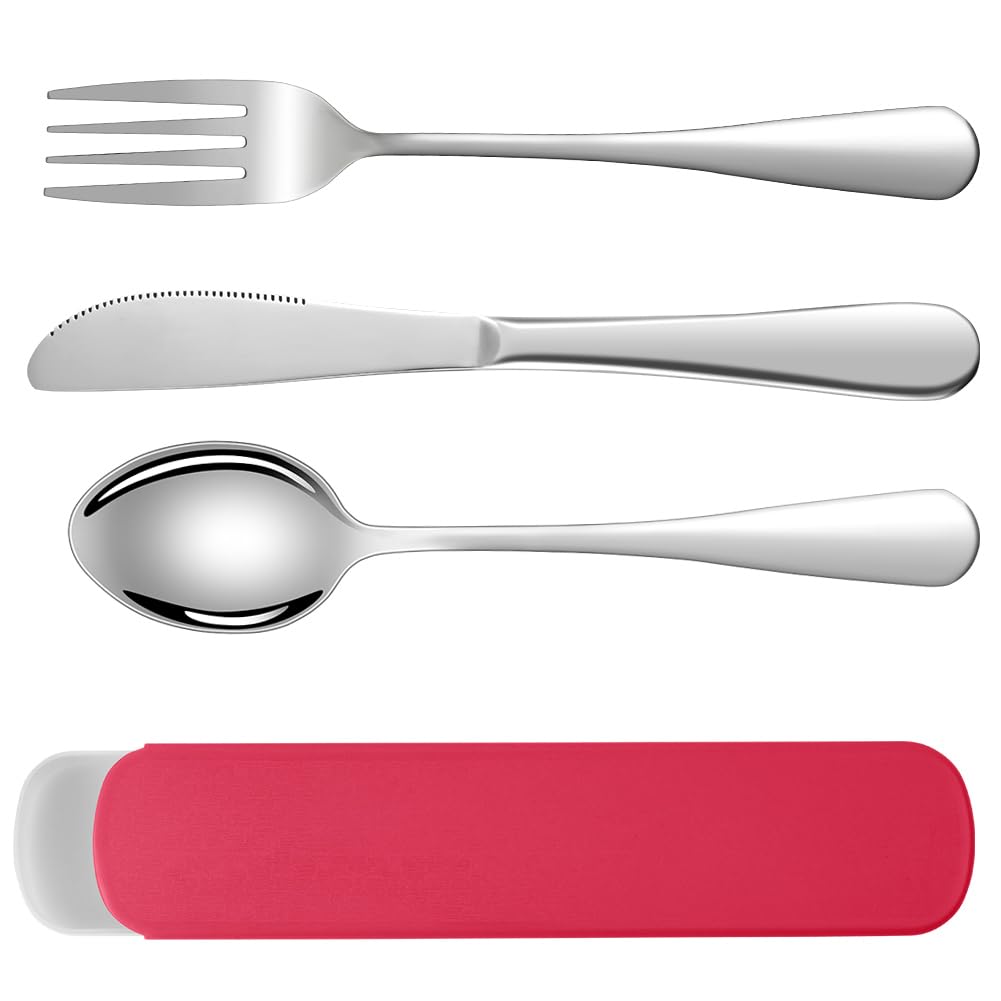 HOTUT 3 Pezzi Posate Da Campeggio Kit con Borsa Portaoggetti, Set di Posate Acciaio Inox, Finitura Lucida Lavabili in Lavastoviglie, Posate Da Viaggio in Argento con Cucchiaio Forchetta Coltello