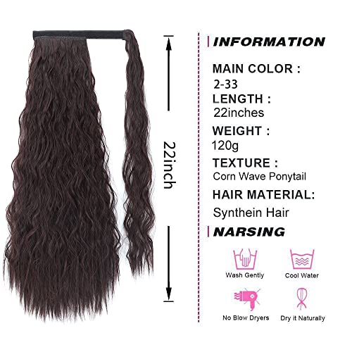 Stamped Glorious Long Corn Wave Ponytail Extension Magic Paste Heat Resistant Wavy Synthetic Wrap Around Ponytail Black Hairpiece For Women (22Inch, 22 Inch-Black Mixed Auburn Red) #TOP5