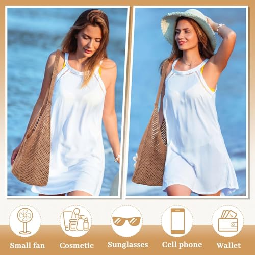 Image of Aliceset 2 Pack Crochet Mesh Beach Tote Bag with Letter Patch Pocket Summer Beach Tote Bohemian Straw Transparent Bag