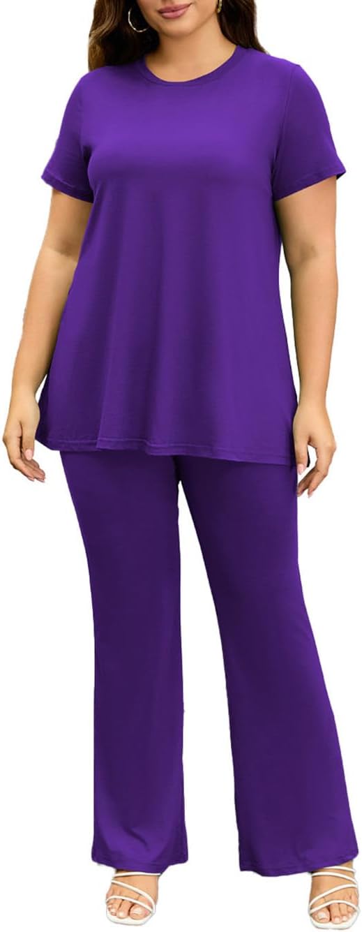 YeGine Women 2 Piece Outfits Casual Short Sleeve Tunic Top and Flare Pants Oversized Lounge Sets Tracksuit