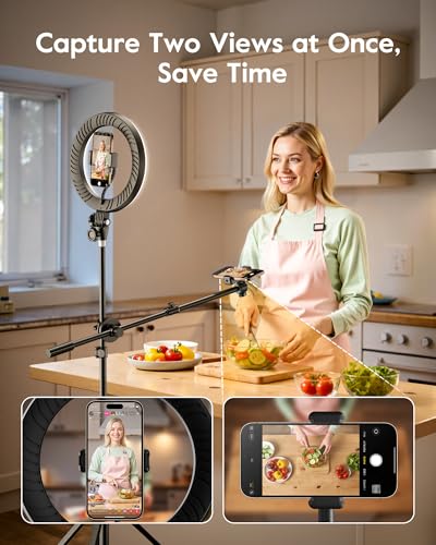 Image of Upgrade Tripod Ring Light Stand with 2 Telescopic Arms -67 inch Ring Light Tripod for iPhone&Android, Overhead Phone Mount with Remote, Phone Stand for for TikTok, YouTube，Zoom & Video Recording