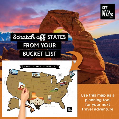 See Many Places Scratch Off Map Of The United States, 28X22" Framable Poster Travel Map Of Usa With Custom State Pictures & Gold Foiling For Home Wall Decor, White #TOP4