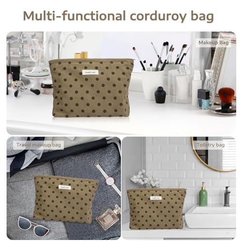 Wudygirl Travel Makeup Bag Cute Cosmetic Bag Large Capacity Makeup Pouch Make Up Organizer for Women and Girls Portable Toiletry Bag Corduroy Zipper Pouch (Brown Polka Dots)