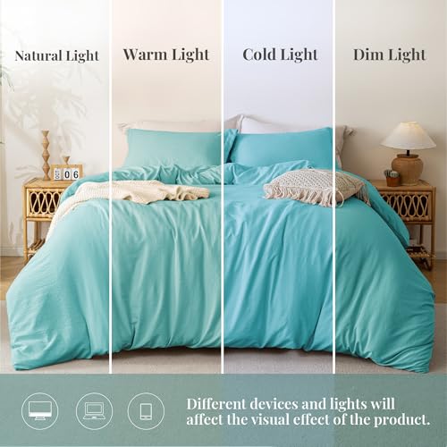 Image of MILDLY Duvet Cover King Ultra Soft Comforter Cover Set 3pcs, Aqua Blue | Washed Microfiber Cotton-Like, Breathable Comfort, Hidden Zipper, Corner Ties, OEKO-TEX Certified, Fade Resistant