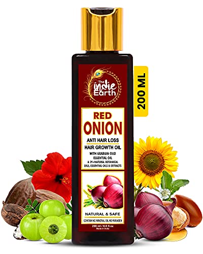 THE INDIE EARTH RED ONION ANTI HAIR LOSS & HAIR GROWTH OIL WITH PURE ARGAN, JOJOBA, ROSEMARY, BLACK SEED OIL IN PUREST FORM VERY EFFECTIVELY CONTROL HAIR LOSS, PROMOTES HAIR GROWTH 200ml