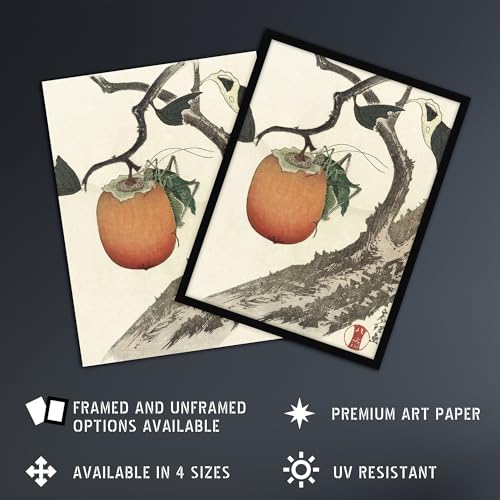 Artery8 Persimmon Fruit Grasshopper Framed Wall Art Print Vintage Japan : by Hokusai 18x24 Botanical still life bursting with warmth ideal for kitchen dining area or homely living room