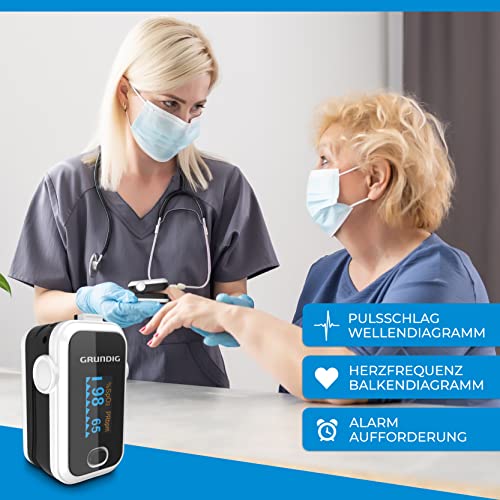 GRUNDIG Pulsoximeter Sauerstoffsättigung Oximeter TESTSIEGER - Hochpräzises Fingeroximeter Messgerät zur genauen Messung der Sauerstoff Sättigung im Blut - Finger Messgerät Pulsmesser (w)