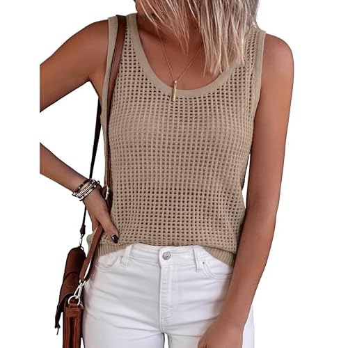 Totatuit Sleeveless Sweater Tops for Women 2026 Boho Crochet Tank Top Summer Round Neck Beach Vacation Outfits Khaki Small