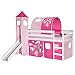 IDIMEX Rutschbett Benny Hochbett Kinderbett Spielbett Holzbett mit Rutsche, Vorhang, Tunnel und Turm Prinzessin Motiv rosa pink, Kiefer massiv weiß lackiert, 90 x 200 cm