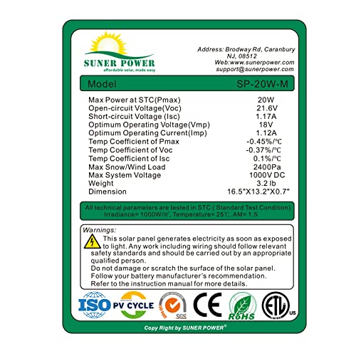 Suner Power 20 Watts Mono Crystalline 12V Solar Panel Kits - Waterproof 20W Solar Panel + Upgraded 10A Solar Charge Controller + 3-Pcs Sae Cable Adapters For Car Rv Marine Boat Trailer Off Grid System #TOP3