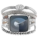 WONMILLE Posh Leather Bands Compatible With Apple Watch 41mm 40mm 38mm Women, Boho Bracelets Jewelry Multilayer Wrap Strap for iwatch Series SE 8 7 6 5 4 3 2 1 (Glitter Silver/Stone, 38mm/40mm/41mm)