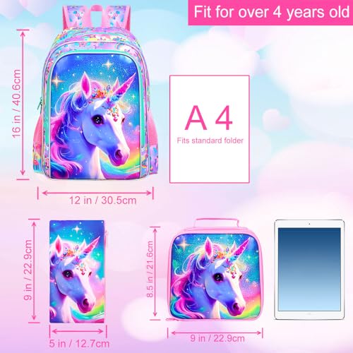 3PCS Girls Unicorn Backpack, 16" Kids Bookbag with Lunch Box, Water Resistant Elementary School Bag for Preschool Toddler4