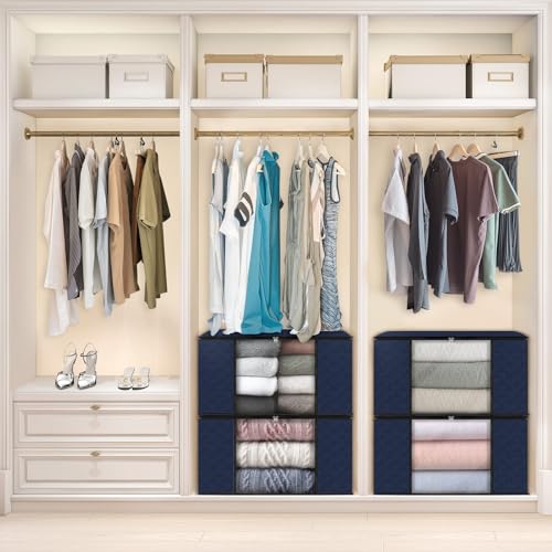 Image of Fab totes Storage Bags,Clothes Blanket Storage Bins Foldable Closet Organizers with Reinforced Handle for Home Dorm Storage and Organization,Fabric Bags for Organizing Sheets,Clothing (Blue,4 Pack)
