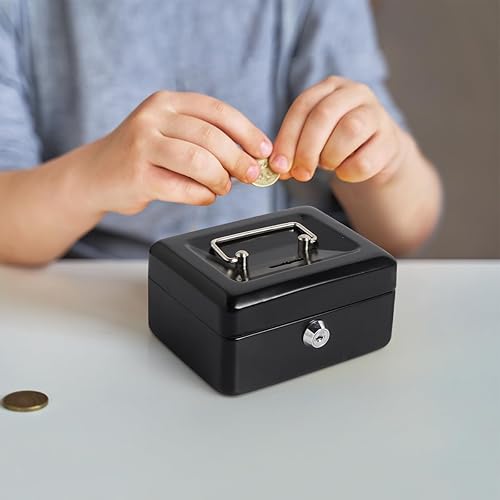 Miniatura 8 de Kasten Caja pequeña para efectivo con ranura para niños, caja de metal con bandeja para dinero, 5.9 x 4.7 x 3.2 pulgadas, color negro