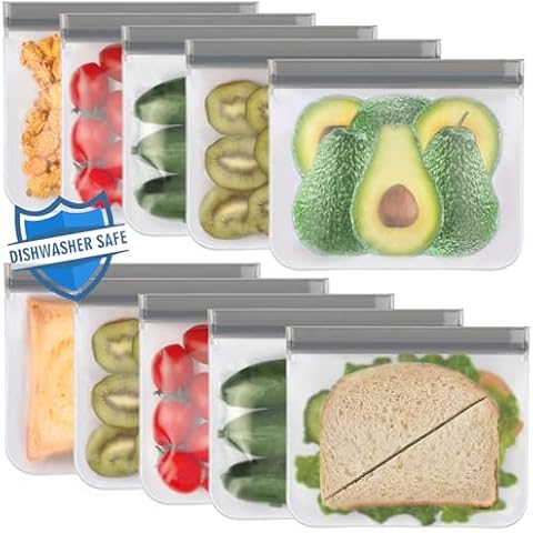 Lerine 10 Pack Reusable Sandwich Bags Dishwasher Safe, Reusable Quart Bags Extra Thick Leak-proof Reusable Storage Bags Silicone for Marinate Meats, Cereal, Sandwich, Travel Items, Home Organization Cover
