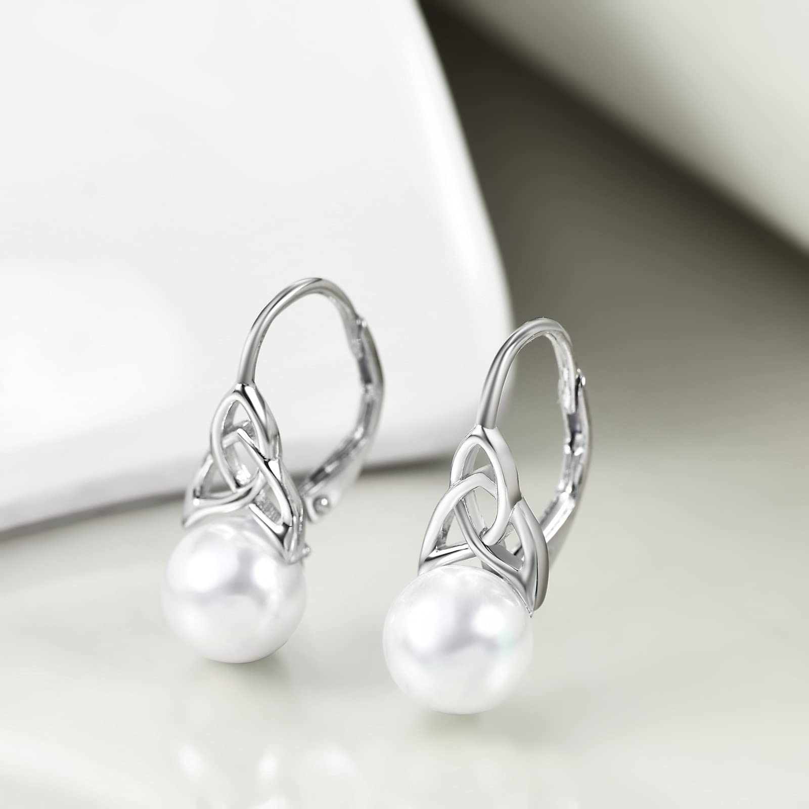 Pendientes de Perlas Para Mujer, Pendientes de aro con Nudo Celta Irlandés de Plata de Ley 925, Joyería con Palanca, Regalos Para Mamá, Madre, Niñas, Amigas
