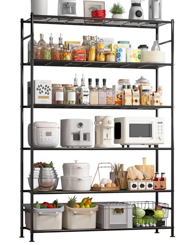 Image of Sakugi Storage Shelves - 6 Tier Shelf Organizer, Heavy Duty Garage Shelving Unit with Leveling Feet, Stable Metal Shelves Organizer for Pantry, Kitchen and Closet, 46.3 inch W x 12.6 inch D x 76.1 inch H, Black