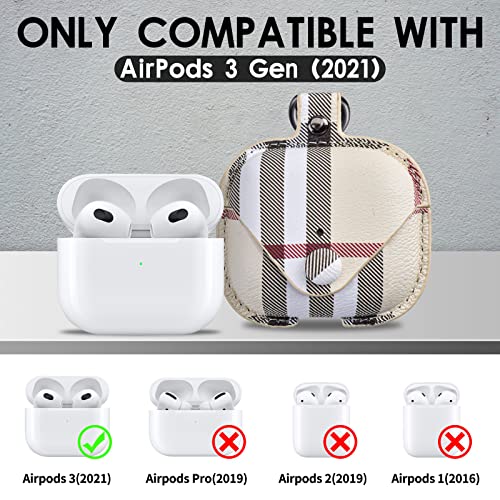 Pujuyeka Leather Luxury Case For Airpods 3Rd Generation 2021 With Keychain,Designer Plaid Cute Airpod Charging Case Cover Aesthetic Lockable Protective Air Pod Skin Cover (Airpod 3Rd Gen 2021 Beige) #TOP1