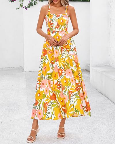 PRETTYGARDEN Womens Summer Dresses 2026 Casual Spaghetti Strap Ruffle Smocked Flowy Floral Spring Maxi Dress with Pocket(White Yellow Flower,Medium) — view 2