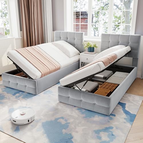 Merax Double Bed 180x190cm & 2 Single Beds 90x190cm,Upholstered Hydraulic Bed with Storage, Velvet + Iron Frame, Checkered Foam Backrest, Twin Hydraulic Lift Storage, Grey