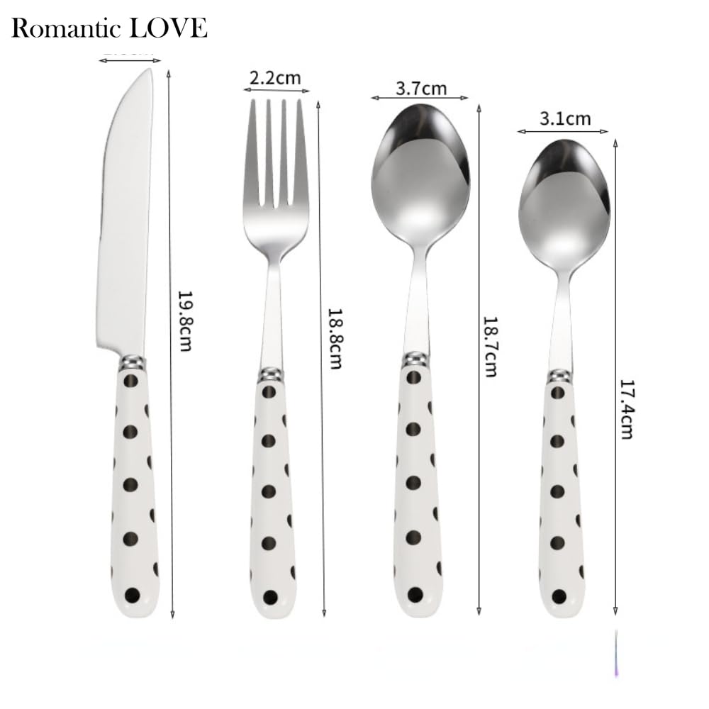 Romantic LOVE Mango De Cerámica Cubiertos De Acero Inoxidable Vajilla Cubiertos Juego De Cubiertos Cuchillo Para Carne Tenedor Cuchara Cuchara (Dots,16 piezas)