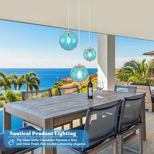 AyshwillDec 3-Light Blue Coastal Pendant Light Kitchen Island 3 Globe Glass Ocean Chandelier Beach House Boho Chandelier Hanging for Dining Room Living Room Bedroom Foyer (Bulb Incl.) by AyshwillDec - Image 2