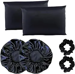 Kit 2 Fronha De Cetim Seda + 2 Toucas + 2 Xuxinhas (preto)