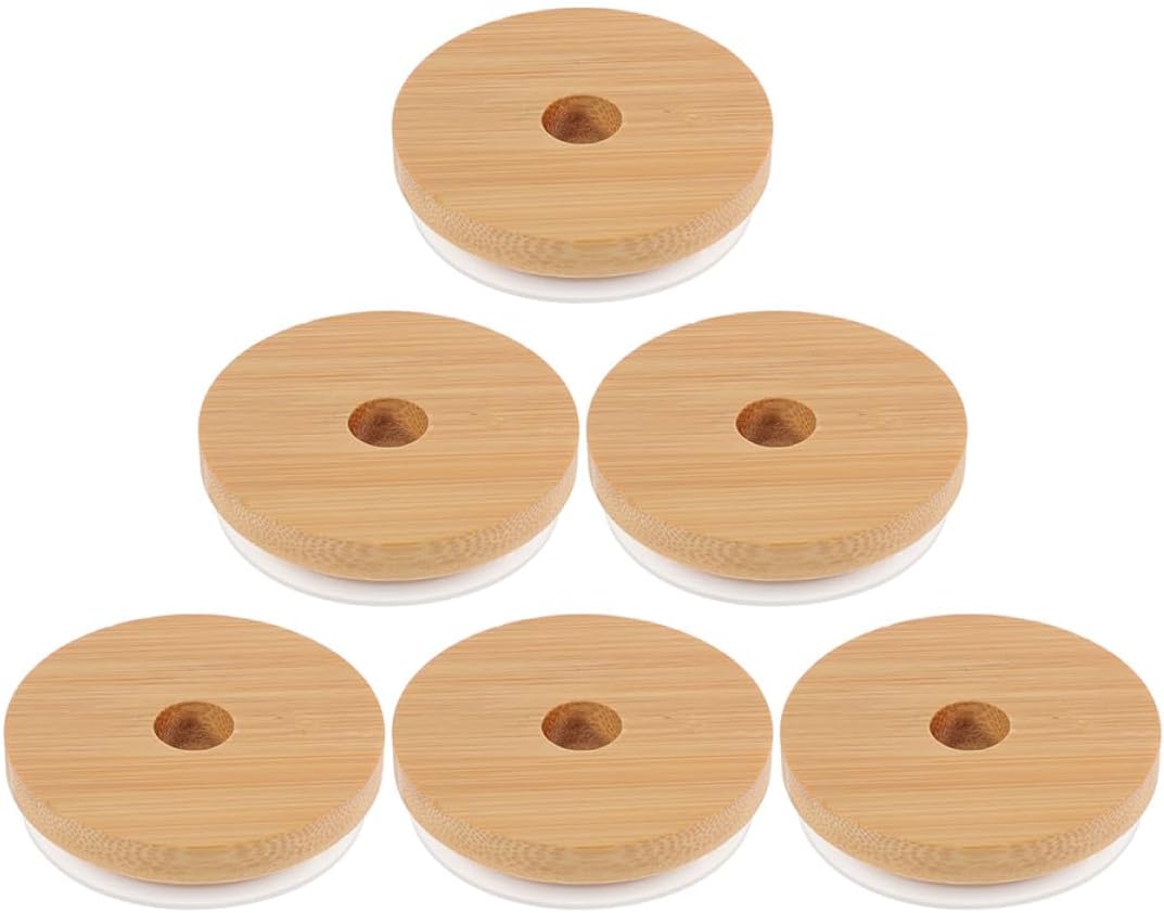 6pcs Wood Grain Jar Canning Lids with Straw Hole, Silicone Seal Multipurpose Mason Jar Covers for Beverage and Food Storage, Reusable Airtight Cup Lids
