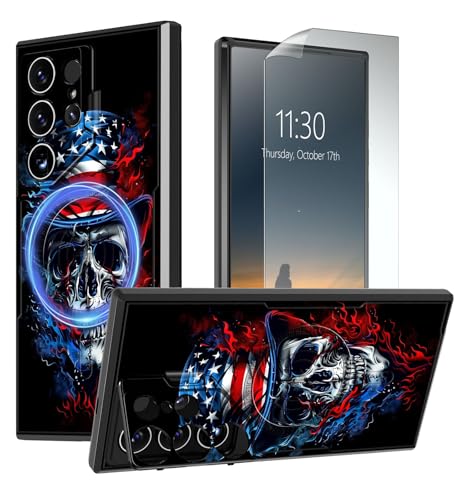 RAUEDWDJS Magnetic Case for Samsung Galaxy S25 Ultra with Camera Stand Screen Protector,Heavy Duty Shockproof Rugged Case for Samsung S25 Ultra,Skull Wizard