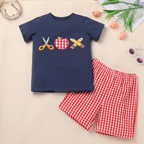 Image of OBEEII Back to School Outfit Toddler Boy Short Sleeve Graphic Shirt Gingham Shorts First Day of School Summer Clothing Set