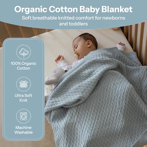Image of Organic Cotton Baby Blanket 30x40 in, Baby Blue - GOTS Certified, Soft Knit Swaddle with Gift Box, Breathable Nursery Blanket for Crib & Stroller, Machine Washable