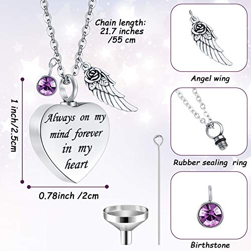 2 Pieces Cremation Urn Necklace Heart Ashes Necklace Carved Locket Stainless Steel Waterproof Memorial Pendant With Angel Wing Birthstone And Filling Kit Always On My Mind (Purple) #TOP2