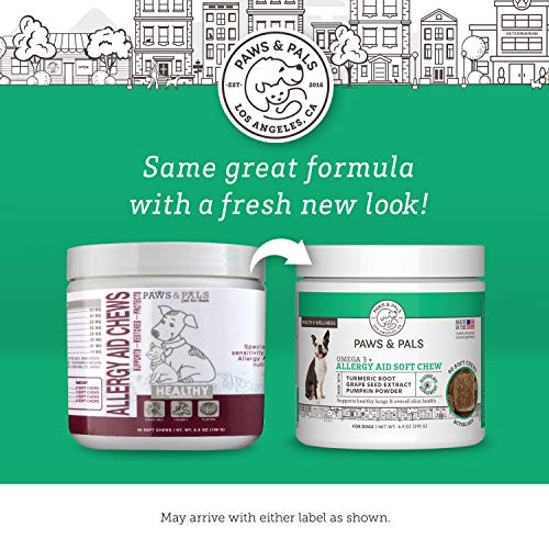 Paws & Pals Dog Allergy Relief - Pet Immune Seasonal Chew Treats - Itchy Skin Supplement for Dogs & Cats with Omega-3 -Antihistamine - Antioxidants - Digestive Prebiotic - Probiotics - 90 Count