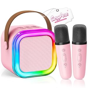 Mini Karaoke Machine for Kids Girls Boys – Birthday Gifts for Ages 4 5 6 7 8+ Year Old – Portable Bluetooth Speaker with 2 Wireless Microphone – Kids’ Instrument Accessories – Pink