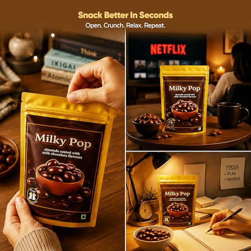 Image of DRIYOZ Milky Pop Milk Chocolate Coated Almonds 250g | Crunchy Roasted Badam with Creamy Chocolate Flavour Coating | Premium Sweet Nut Snack for Gifting, Parties, Travel & Daily Cravings