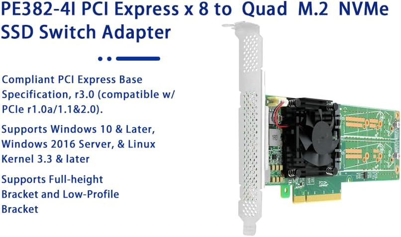 PCIe adapter card with full-height bracket and text indicating OS compatibility