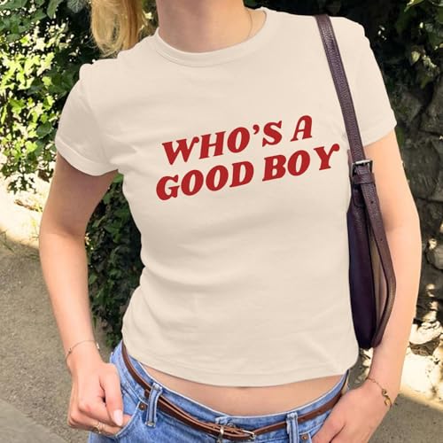 QISSYILY Funny Y2k Crop Tops for Women Who's A Good Boy Print Baby Tee Grunge Cropped Short Sleeve Shirts Casual Slim Fit Top(Apricot,M) by QISSYILY - Used condition - Image 5
