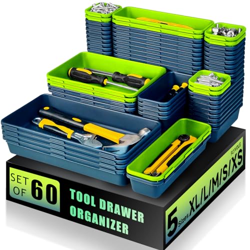 FLYVOLE Tool Box Organizer Tray, Toolbox Desk Drawer Organizer, Tool Box Tray, Toolbox Organization Storage for Rolling Tool Chest (60PCS (Blue+Green))