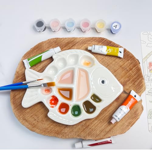 Image of Unique Fish Shape Ceramic Watercolor Palette, White Mixing Tray for Artists | Porcelain Paint Palette Fishtail Pen Rest Design, Desktop Decoration Storage, Easy to Clean, Gift for Painting Enthusiasts