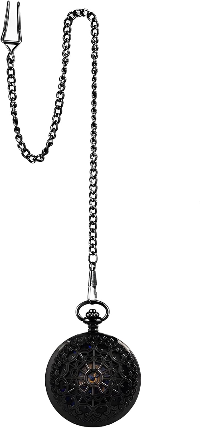 Carrie Hughes Mens Cobweb Black Steampunk Skeleton Pocket Watch with Chain in Box CHPW4C