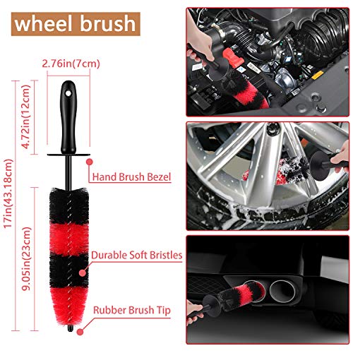 11Pcs Car Wheel & Tire Detailing Brush Kit,Including 17inch Wheel Brush,Short Handle Tire Brush,5pcs Boar Hair Detail Brushes Kit,Microfiber cloth&3pcs Wire Brushes for Cleaning Car Interior Exterior