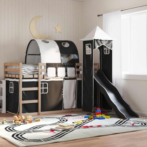 Frdhee Litera con tobogán y cortinas, color blanco y negro, 90 x 190 cm, plataforma para colchón, dormitorio, fácil montaje