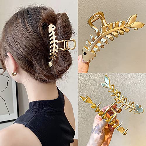 1Pcs Gold Metal Hair Claw Clip Fish Bone Shape Hair Clip Nonslip Hair Clamps Design Big Jaw Clips Vintage Hair Pins Fashion Hair Accessories For Women (C-Gun Black) #TOP2